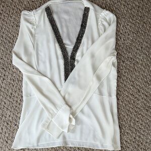 Bailey 44 White Blouse with Black Beaded V-Neck